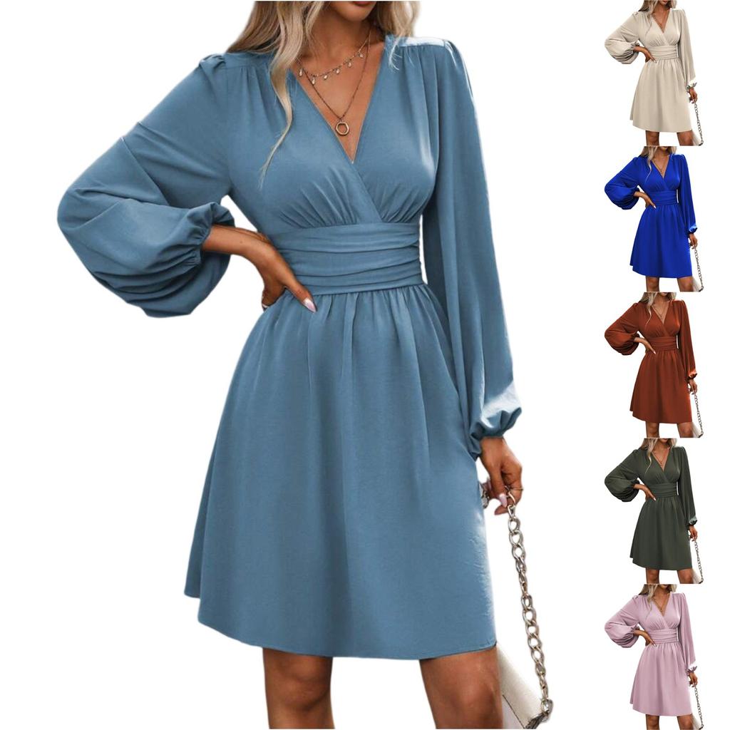 Dámské módní jednobarevné plisované univerzální šaty s dlouhým rukávem a výstřihem do V