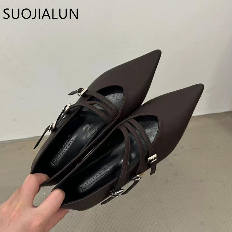 Fashion SUOJIALUN Autumn Women Flat Shoes Fashion Buckle Pointed Toe Shallow Slip On Boat Shoes Soft Flat Heel Outdoor DressBallerinas
