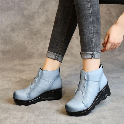 Keilabsatz Schicke Schuhe Damen Designer Blau Echtleder Stiefeletten Für Frauen Niedrige Absätze Rindsleder Mama Gemütliche Schuhe Damenstiefel