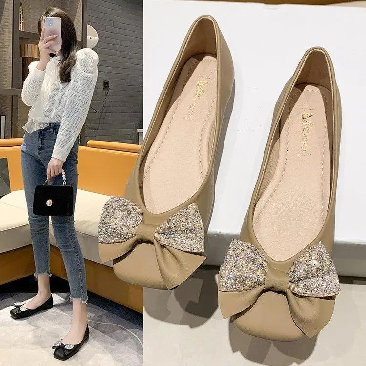 Fashion Low Heel Elegant Kawaii Woman Flats Square Toe Cute Shoes for Women with Bow Vintage Casual Clothing Trend 2025 Chic Stylish Y2k
