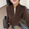 Women's American Style Coffee High-Neck Twist Knit Sweater - Autumn/Winter Versatile Half-Zip Base Layer
