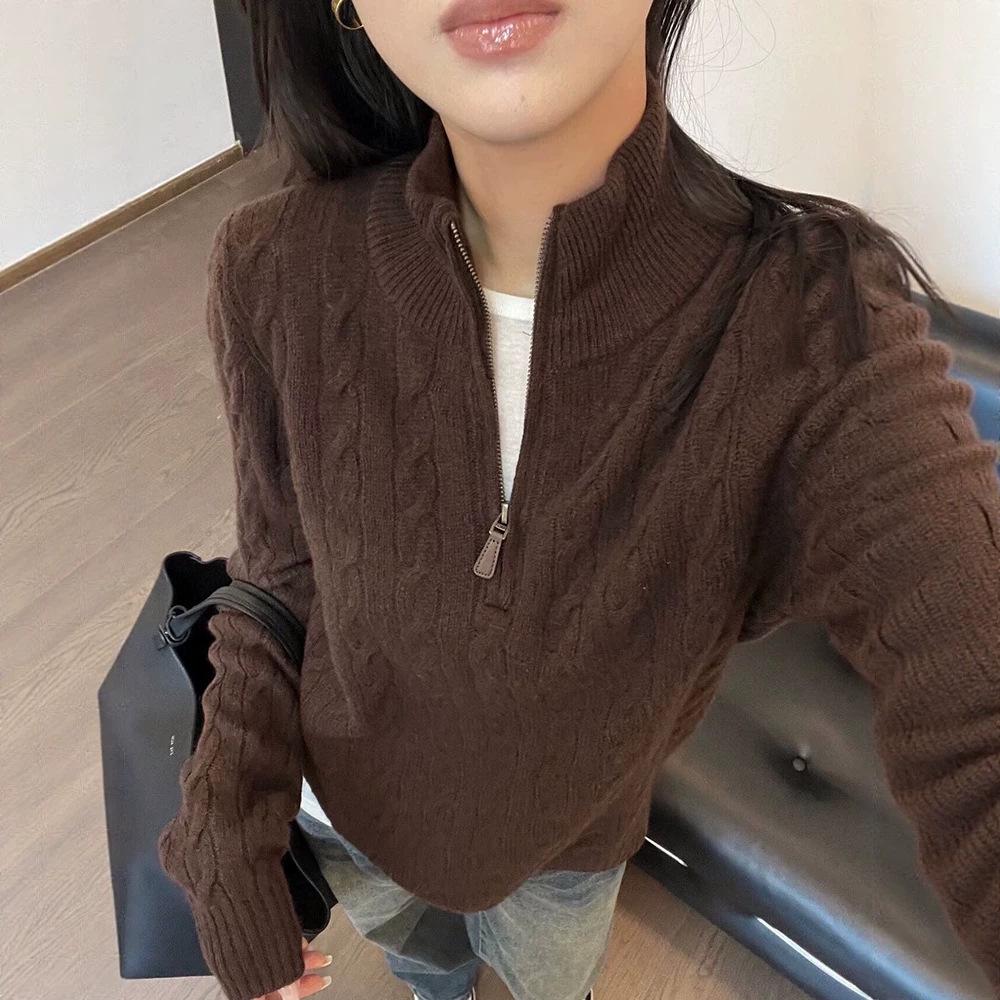 Women's American Style Coffee High-Neck Twist Knit Sweater - Autumn/Winter Versatile Half-Zip Base Layer