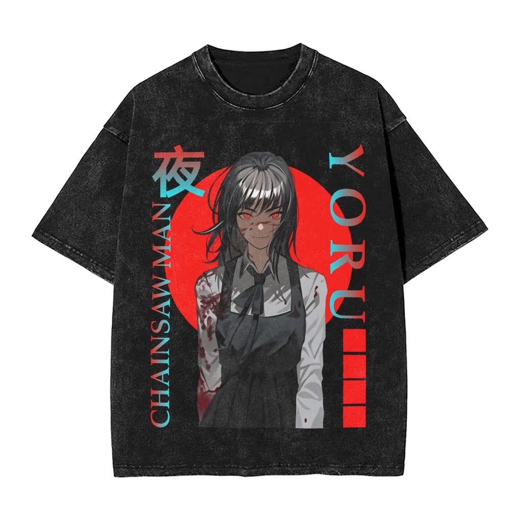 Anime Chainsaw Man Yoru Koszulka Męska Damska Odzież Oversize Gotycka Y2K Vintage Spierana Wysokiej Jakości Bawełna Krótki Rękaw Nadruk Graficzny Harajuku