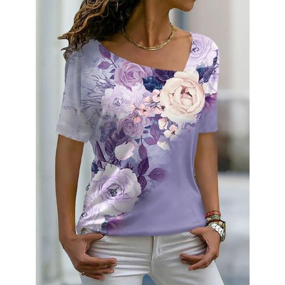 Schräghals T-Shirt Damen Sommer Neu Blumendruck T-Shirts Locker Übergröße Kurzarm T-Shirt Top Streetwear