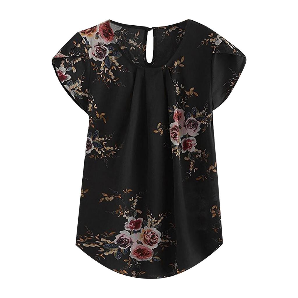 Women's Fashion Color Printing Short-sleeved Button Round Neck Casual Tops