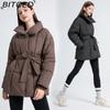 BITCED Kurze Baumwolljacke Winter Locker Geschnitten Lässig Warm Stehkragen Gürtel Baumwolljacke