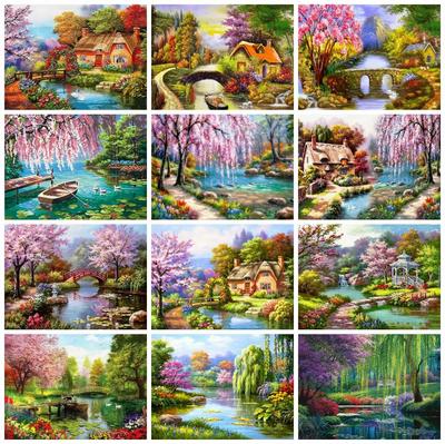 Full Square Diamond Painting Garden Cross Stitch Diamond Embroidery Landscape Cherry Blossoms Mosaic House Decor For Home