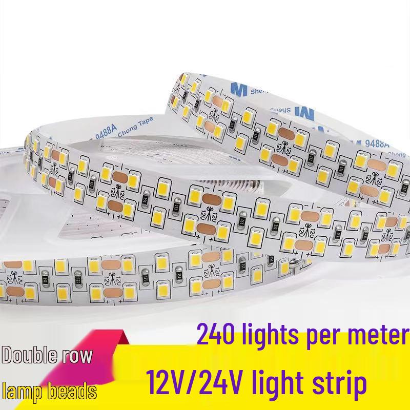 24V Double Row LED Strip Light, 240 LEDs, Self-Adhesive, 15mm Wide, High Brightness Linear Light.