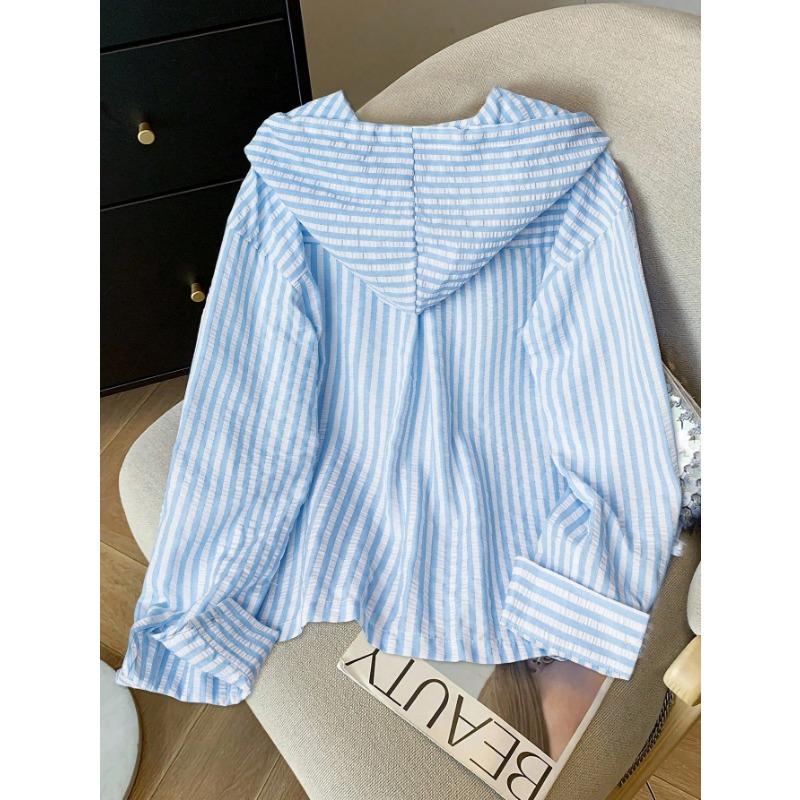Women's Retro Lazy Vertical Stripe Hooded Shirt  Versatile Loose Long Sleeve Top