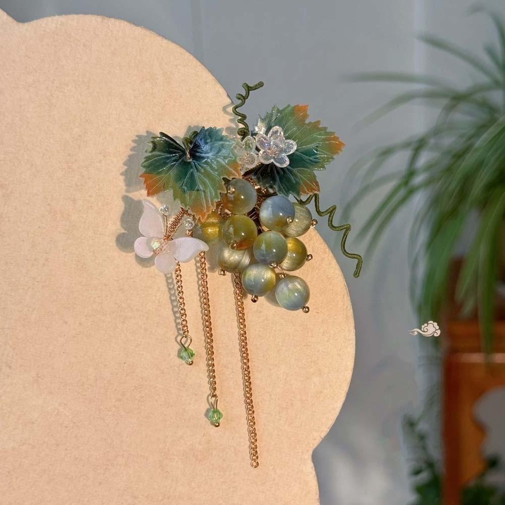 

Small Glass Beads Hairpins Tassel Chinese Style Side Clip Creative Barrettes Portable зелёный