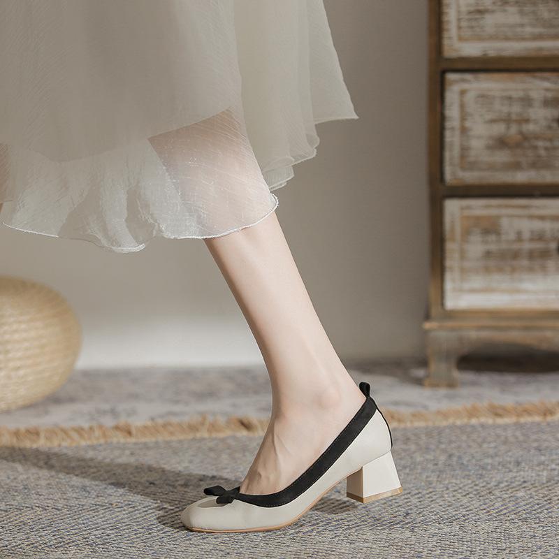 Bow medium heel single shoes women's light mouth color matching professional shoes commuter women's shoes