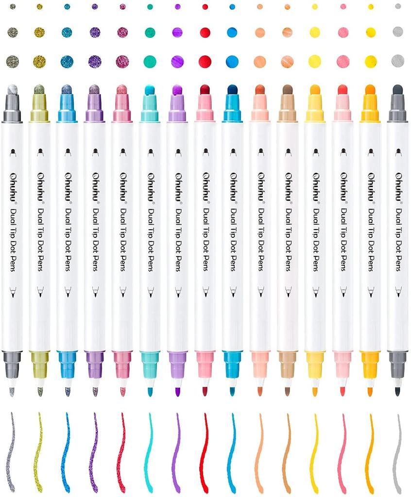 Ohuhu Dot Dot Metallic and Basic Dot Drawing Set for Memo and Doodles Pens, 15-Color Set, 0.5mm Push-Pull Markers, Colors, Water-Based Pens, DIY,