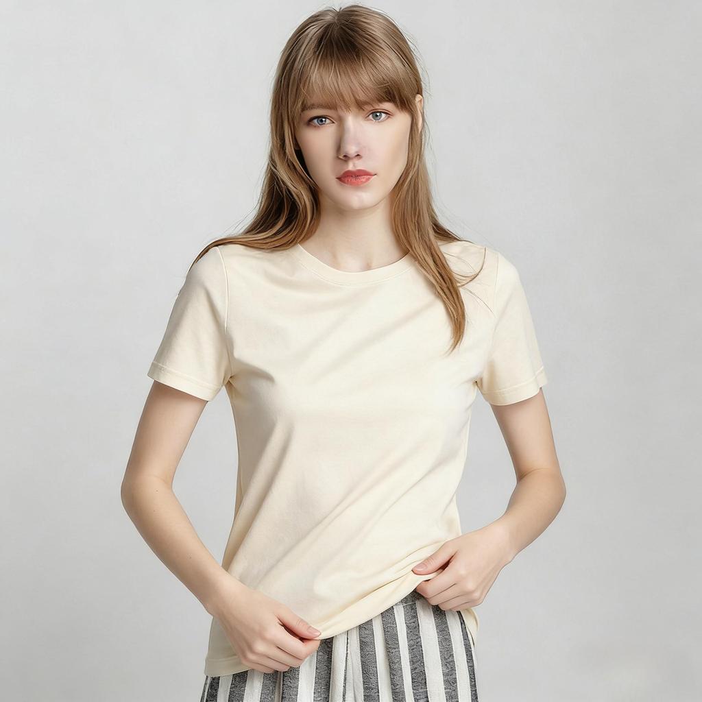 2026 Luxury Women's Double-sided Mercerized Cotton T-shirt, 230g, Short Sleeve, White, Versatile Round Neck for Summer