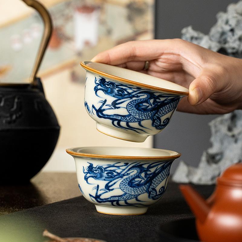 100ml Ru Kiln Blue And White Dragon Patterned Tea Cup Ceramic Pressed Hand Cup Personal Use High-end Opening Kungfu Tea Set