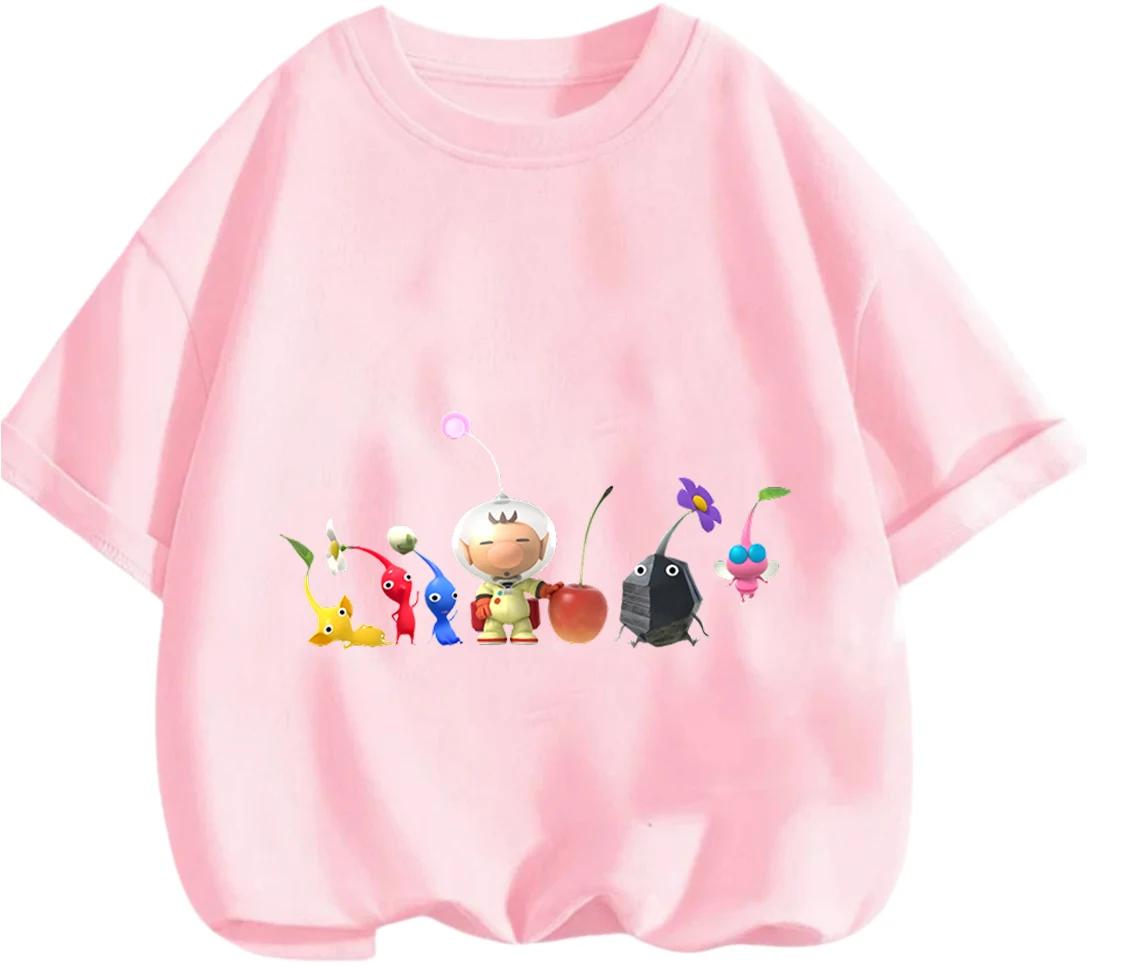 2026 Summer Round Neck T Shirt PIKMIN Cartoon Print Casual Street Style Kids Boys Girls 3 14 Years Lightweight Daily 100