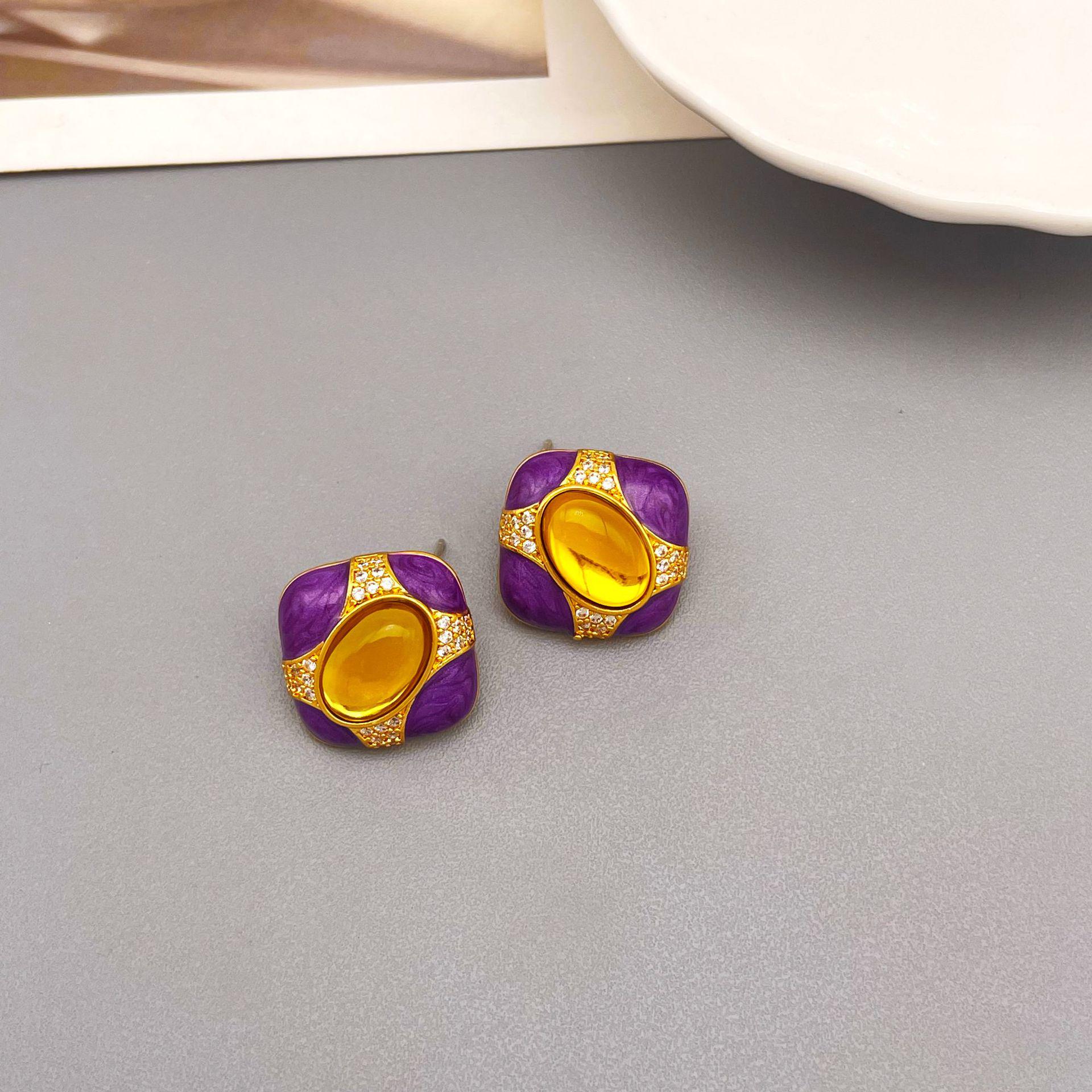 

Серьги-пусеты из серебра 925 пробы в стиле ретро с эмалью и агатом, латунь с покрытием из 18-каратного золота, уникальный дизайн. фиолетовый
