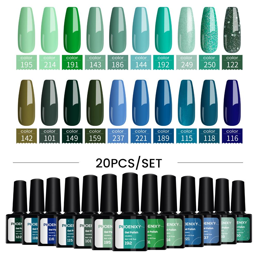

PHOENIXY, 20 цветов, набор гель-лаков для ногтей, набор гель-лаков для замачивания, маникюр, полупостоянные гибридные лаки, основа и верхний дизайн ногтей 20PCS