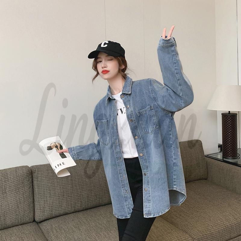 Women s Retro Denim Shirt Jacket - Korean Style, Casual Autumn Long Sleeve Top Large