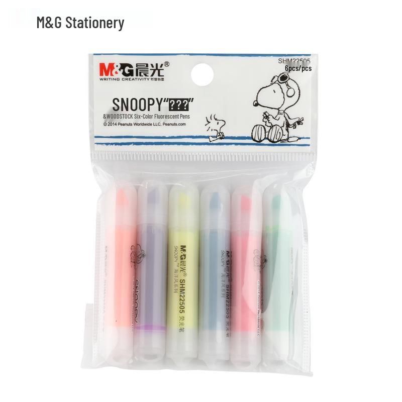 Snoopy Stationery Mini Fluorescent Marker Set - 6 Portable Watercolor Pens for Students Chisel Tip