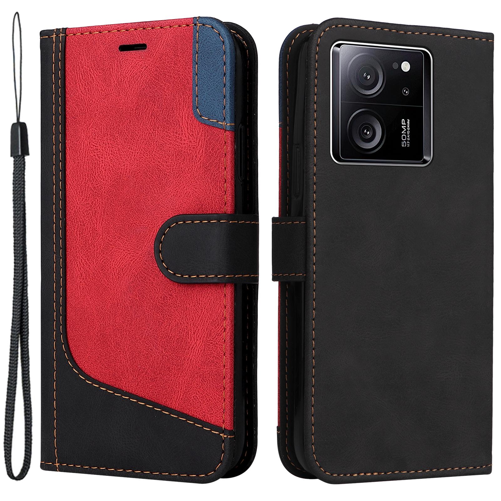 

For Xiaomi 13T Pro/13T/Redmi K60 Ultra Case Three-color Splicing Leather Wallet Cover Stand Phone Shell with Strap Black