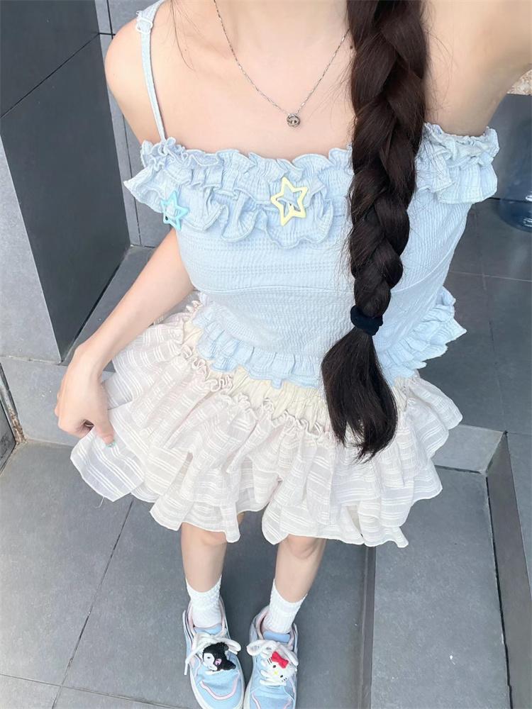 Kawaii Lolita Skjørt Shorts Kvinner Ruffle Patchwork Lagdelt Høy Midje Y2k Balletcore Miniskjørt Sommerfest Klubb