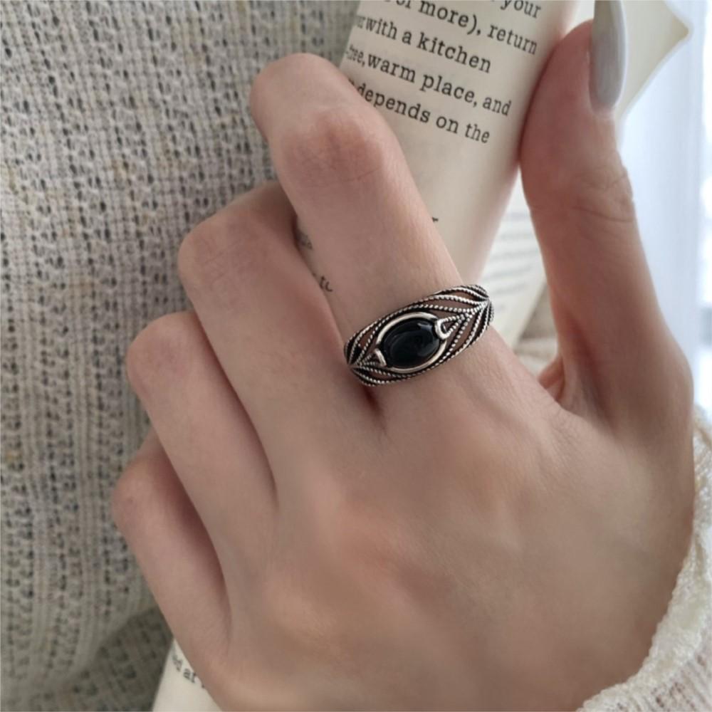 PANJBJ 925 Sterling Silver Black Agate Rings for Women Line Texture Hollow Out Design Retro Jewelry Gift Dropshipping