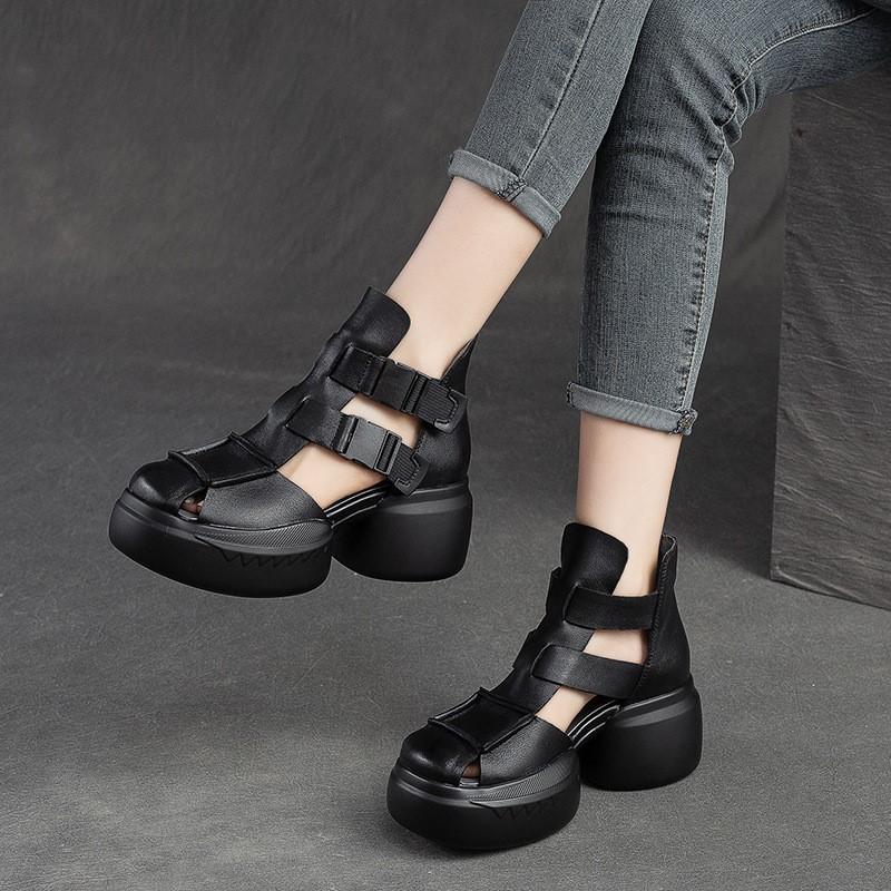 Fashion GKTINOO 2025 New Summer Black Women Genuine Leather Sandals Cool Boots Platform Shoes Wedges Sandals Women Shoes Outdoor Sandals