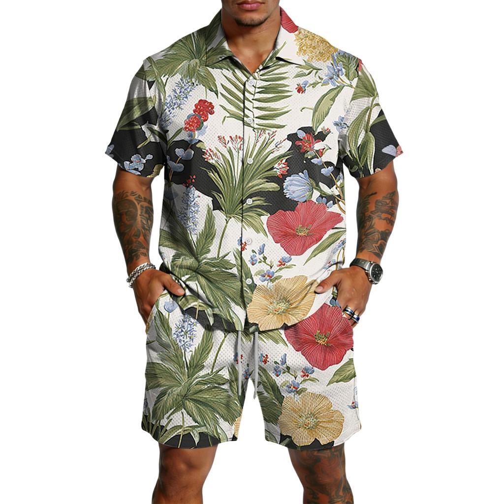 Conjunto casual de dos piezas para hombre con estampado, top ligero y transpirable con pantalones cortos de cordón