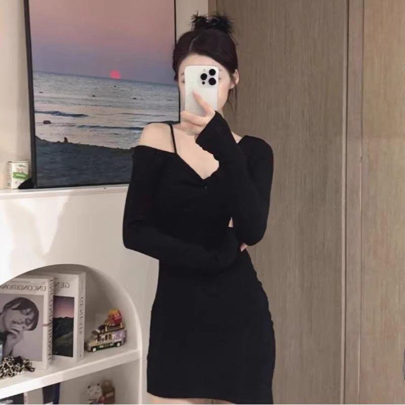 Sexy Black Skinny Dress Long Sleeve Autumn Collar Dew Spice Girl Skinny Waist Irregular Short Skirt Bottom Skirt