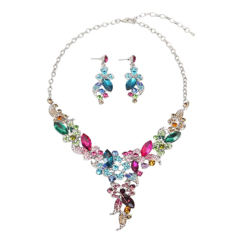 Crystal Diamond Flower Clavicle Short Necklace Set, Dress Banquet Bridal Accessories