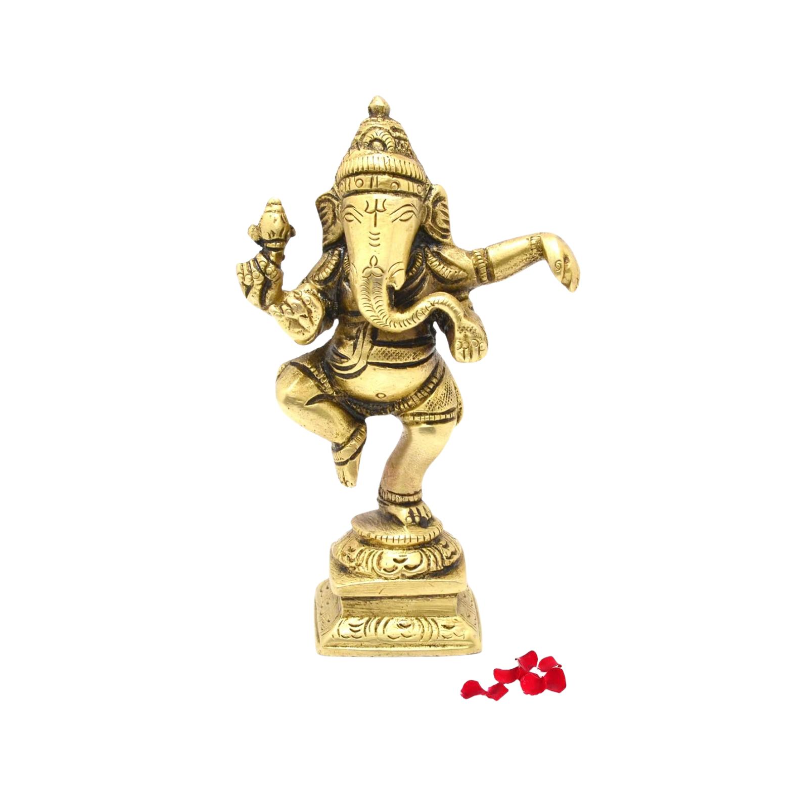 Lord Dancing Ganesha Decor Idol, Best Ganesh Statue, Brass Gold, Size - 4.5 Inch