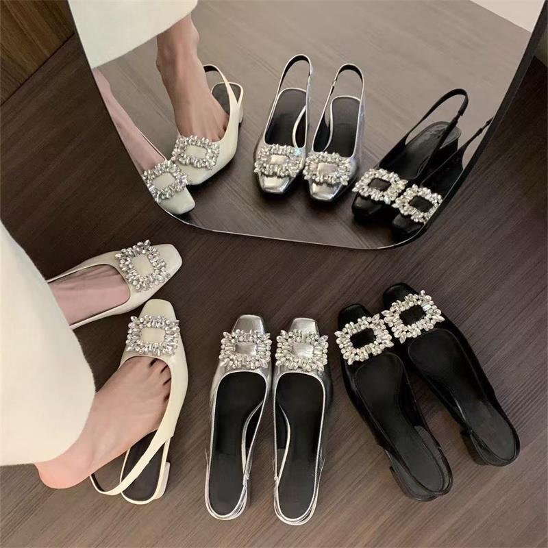 Premium Thick Heel Bag Head Sandals Rear Empty Shallow Mouth Women's Shoes Summer 2025 New Rhinestone Temperament French Single Shoes