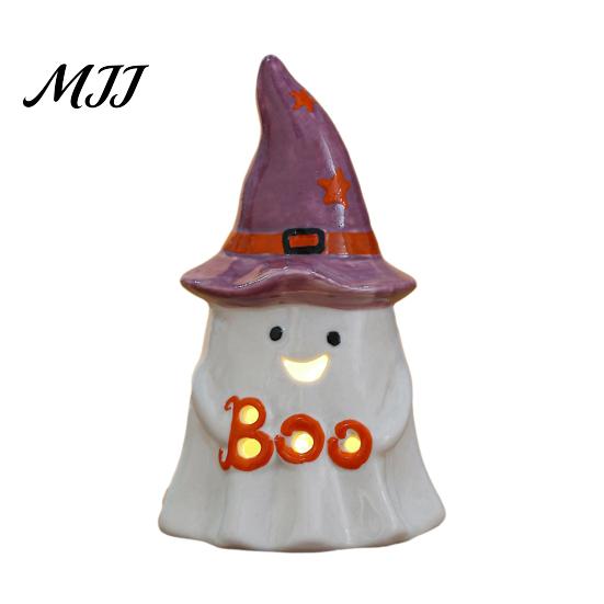 Small Ceramic Halloween Figurine Tealight Holder, Lighted Ghost Pumpkin with Cute Room Decoration Witch Hat, Tiered Tray Tabletop Decor for