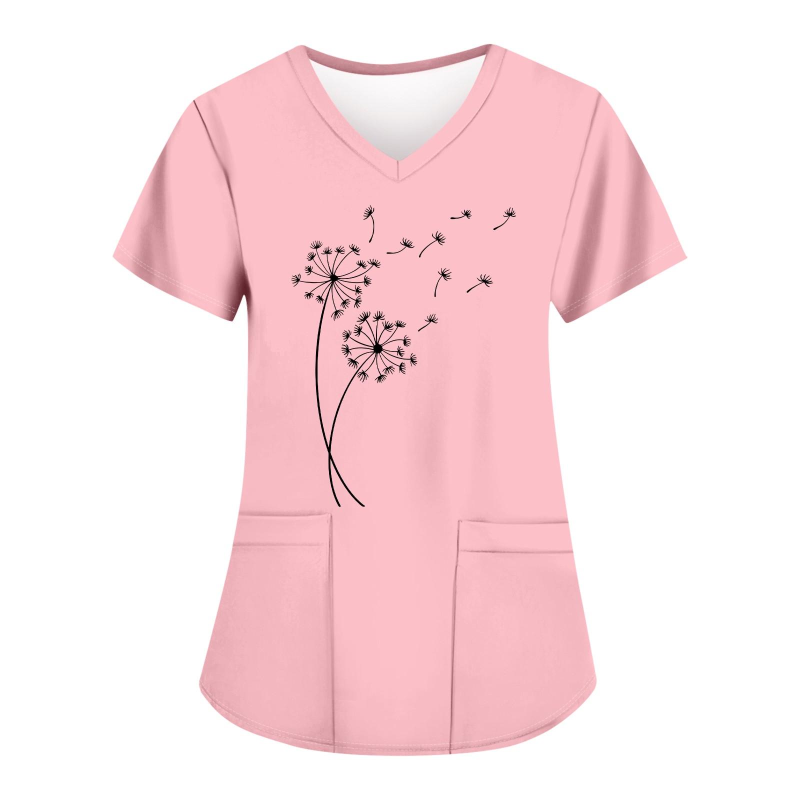 

Женские модные топы с короткими рукавами и V-образным вырезом с принтом, рабочие футболки с карманами XL розовый