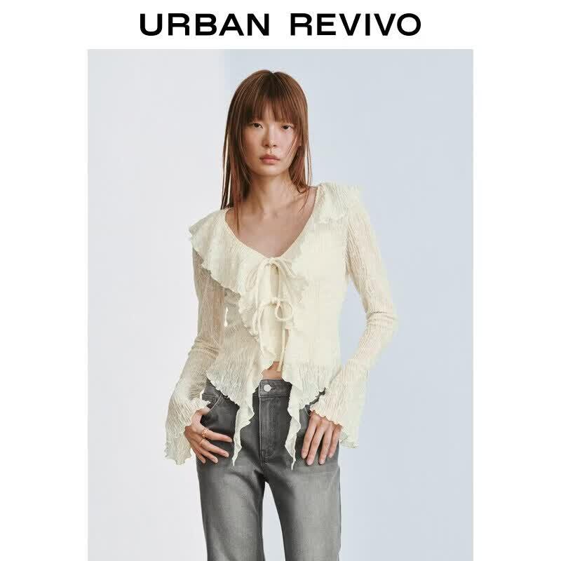 UR2026 Women s Textured Ruffle Cardigan Shirt L