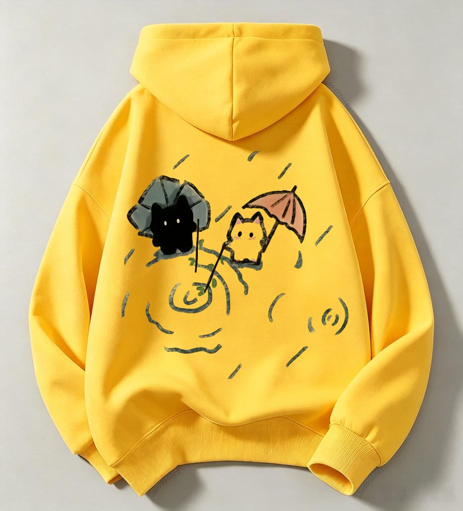 Cute cartoon cat rain umbrella print children's hooded sweatshirt for boys and girls, street-style pullover hoodie for kids