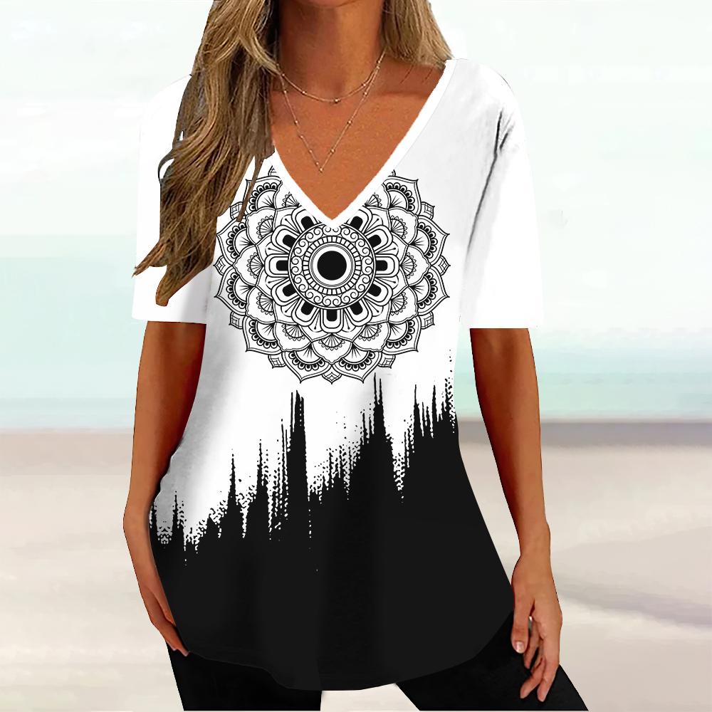 Summer V-neck 3D Geometric Striped Printed Top Fashionable Casual Short Sleeved Women's T-shirts