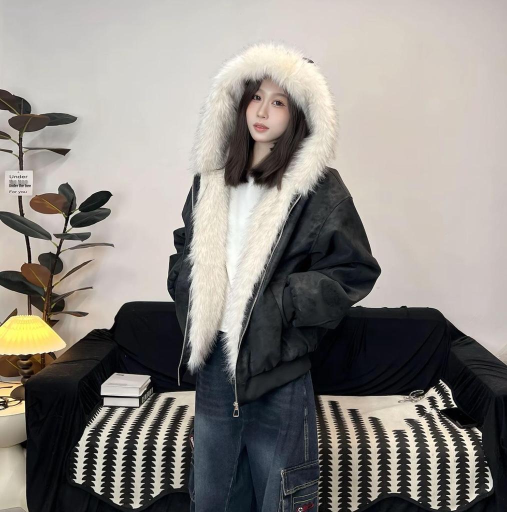 Winter Marble Base Mountain Hooded PU Leather Jacket with Faux Mink Fur for Men & Women - Warm Cotton Couple Jacket