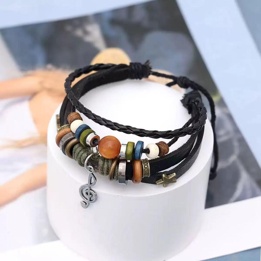 Multilayer Beaded Leather Bracelet with Pendant and Star Beads