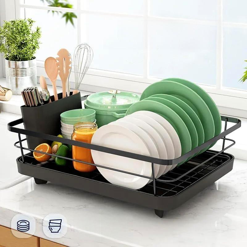 Modern Minimalist Water Drainage Dish Rack With Divided Storage For Kitchen Countertop Use