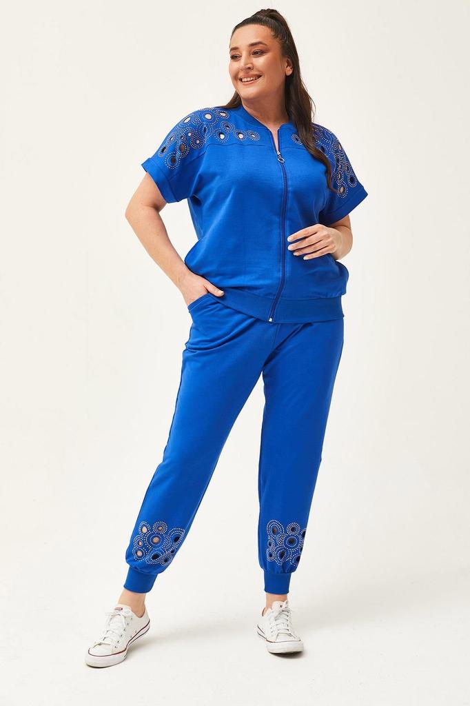 Women's Fashion Big Size Tracksuit Set Large Size Transparent Cut Stone Printed Summer Short Sleeve Green Tracksuit Set