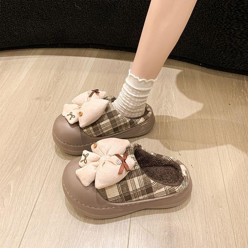Fashion and Warm Outer Wear Comfortable Bag Head Slippers Women's Autumn and Winter New Bow Plush Cotton Slippers Women's