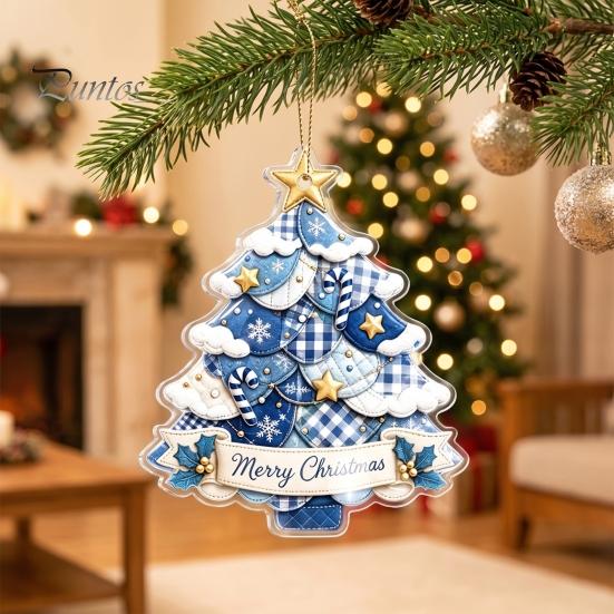Indoor Seasonal Window Hangings Acrylic Christmas Tree Hanging Ornament, 2D Patchwork Print Cute Festive Decors Pendant with Merry Christmas, Holiday