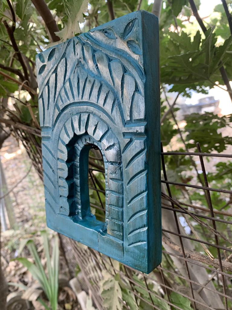Blue Distressed Wooden Wall Frame Hand Carved Jjharokha Panel Home Decor