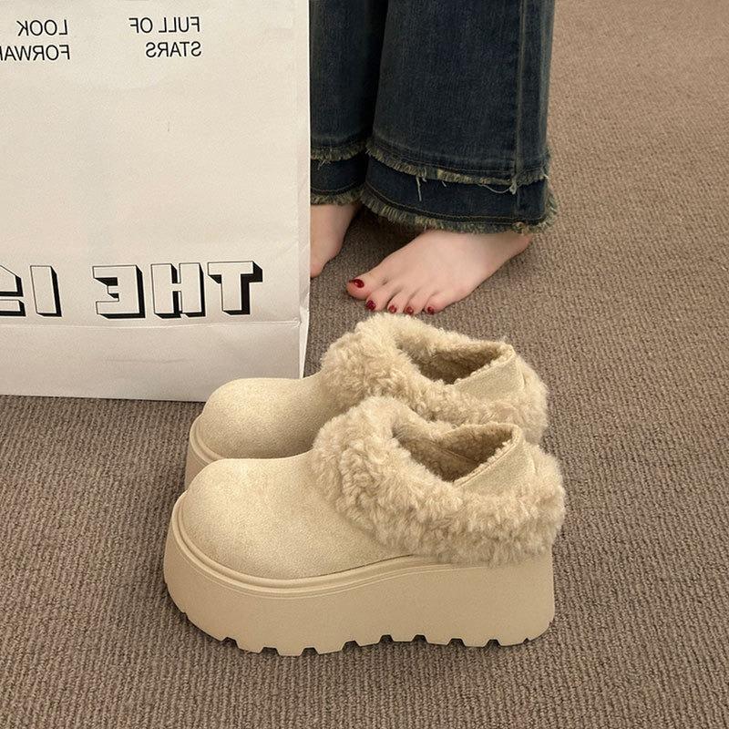 Leather cotton shoes women's new autumn and winter piled thick-soled heightening snow boots fluffy casual shoes