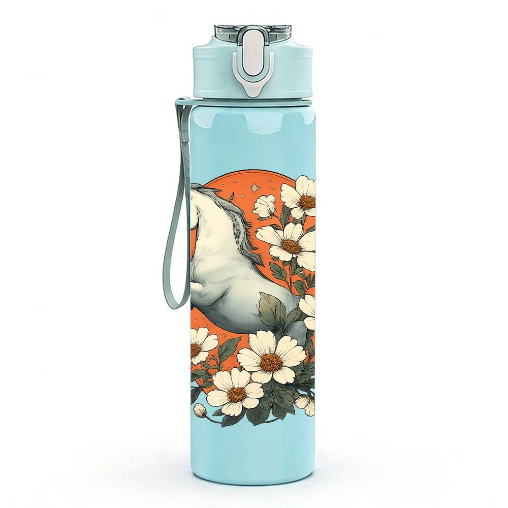 1PC Floral White Horse Art 750ml Color Plastic Sports Water Bottle Leakproof Flip Straw Lid Suitable for Sports Office Home Use