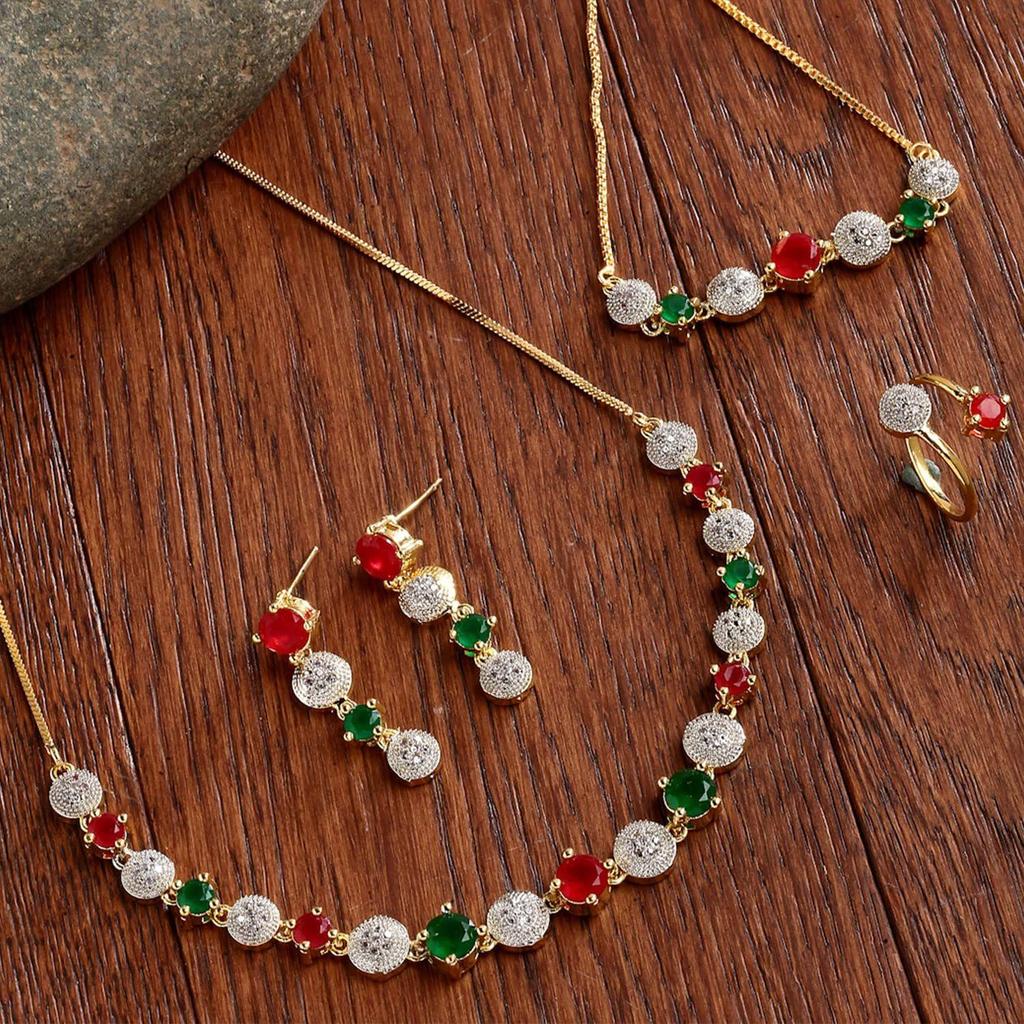 Jewellery Set for Women American Diamond Combo of Necklace Set with Earrings, Bracelet and Ring for Girls and Women