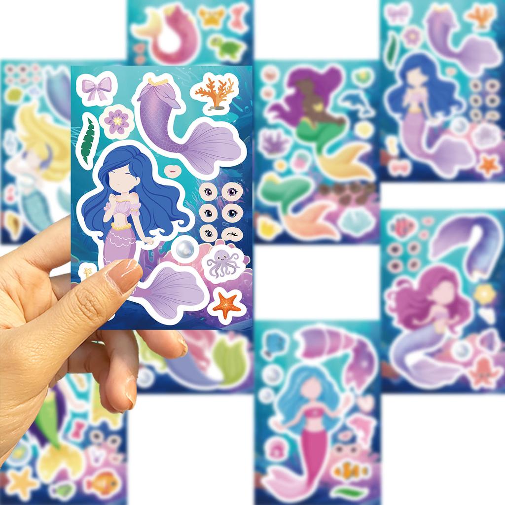81624Pcs Cute Mermaid Princess Puzzle Stickers Make A Face Children Diy Toys Assemble Sticker Party Favor Gifts