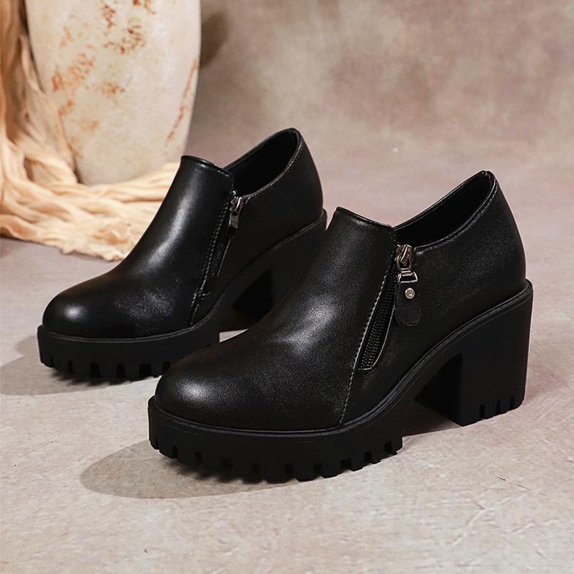 Fashion High Heels Women Leather Shoes 2025 Spring Autumn Thick Bottom Round Head Women Shoes Deep Mouth Side Zipper Pumps for Women
