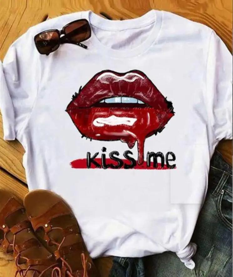 LOVE Red Lips Pink Heart Print T Shirt Women Romantic Slogan Graphic Short Sleeve Valentine Casual Summer Tee